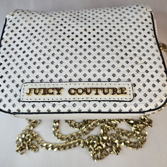Juicy Couture White Perforated‎ Chain Crossbody Bag Rhinestone Turn Lock Gold - Picture 13 of 16
